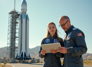 Concurrence NASA : Quelles organisations rivales dans l’espace ? Ingénieurs en combinaison près d'une fusée lors d'un lancement