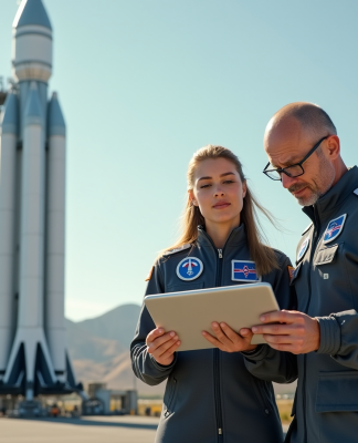 Ingénieurs en combinaison près d'une fusée lors d'un lancement