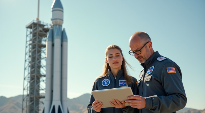 Ingénieurs en combinaison près d'une fusée lors d'un lancement