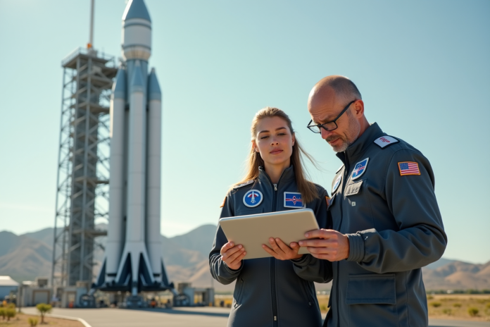 equipes-aerospace-rocket Ingénieurs en combinaison près d'une fusée lors d'un lancement