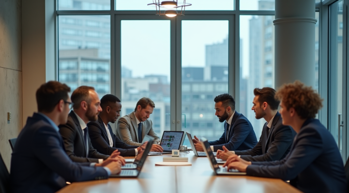 Groupe de professionnels en réunion avec table moderne