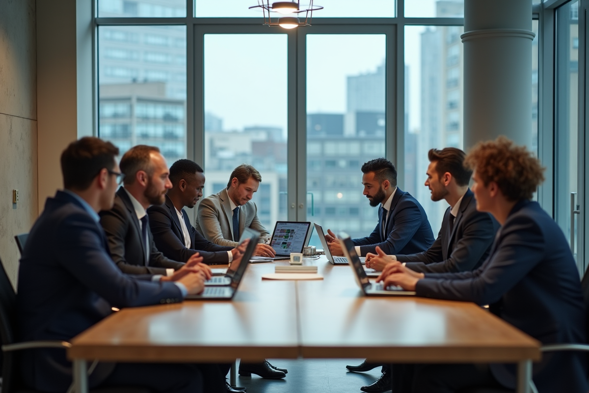 Groupe de professionnels en réunion avec table moderne