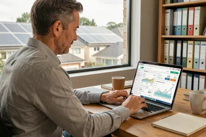 Homme utilisant l'espace client EDF ENR Solaire sur un ordinateur portable dans un bureau à domicile avec des panneaux solaires visibles en arrière-plan