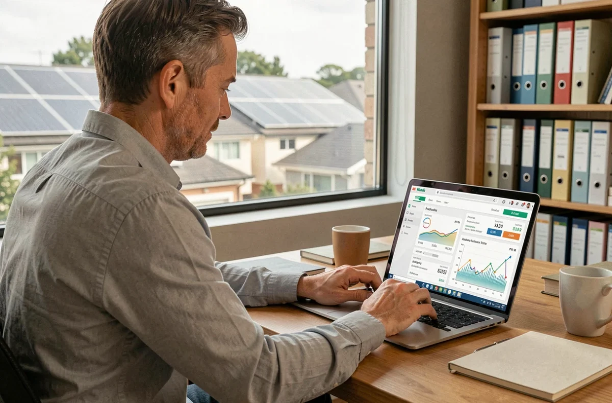 Homme utilisant l'espace client EDF ENR Solaire sur un ordinateur portable dans un bureau à domicile avec des panneaux solaires visibles en arrière-plan
