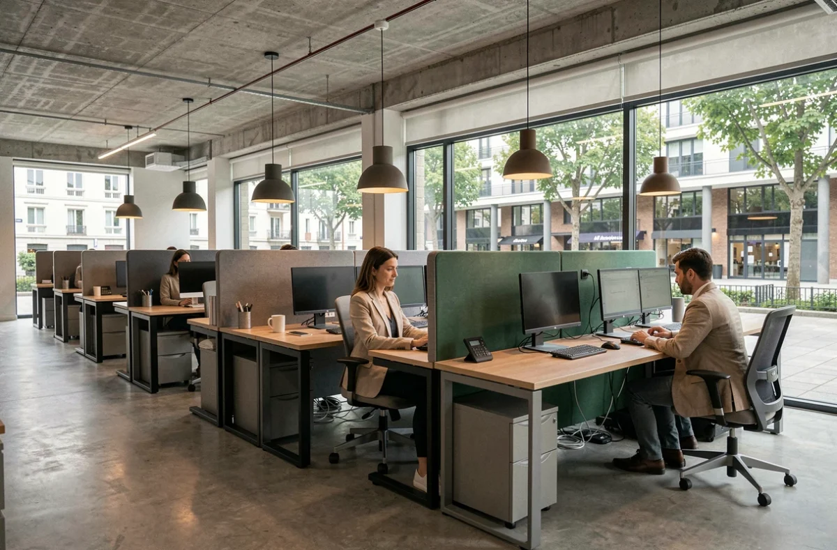 Espace de coworking moderne à Massy avec des professionnels travaillant sur des postes ouverts dans un cadre contemporain