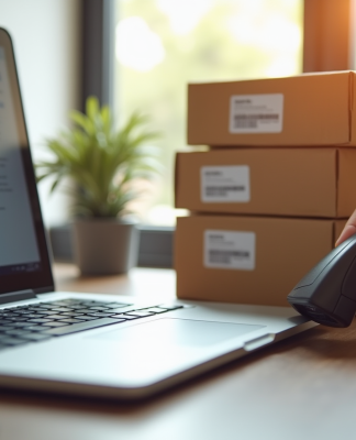 Espace de travail professionnel avec gestionnaire de colis