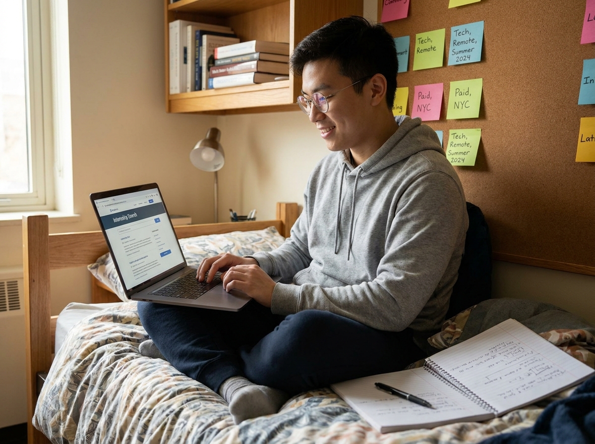 Étudiant recherchant des offres de stage sur son ordinateur portable dans sa chambre universitaire