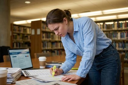 Étudiante triant des offres de stage sur des documents imprimés dans une bibliothèque universitaire