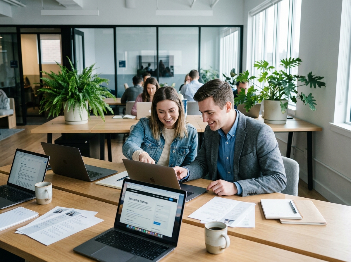 Deux étudiants comparant des offres de stage sur leurs ordinateurs dans un espace de coworking