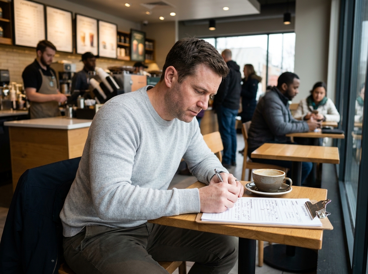 Un évaluateur mystère remplit un formulaire d'audit qualité dans un café franchisé
