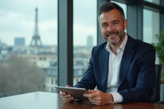 Cadre d’un executive français en costume navy dans un bureau moderne
