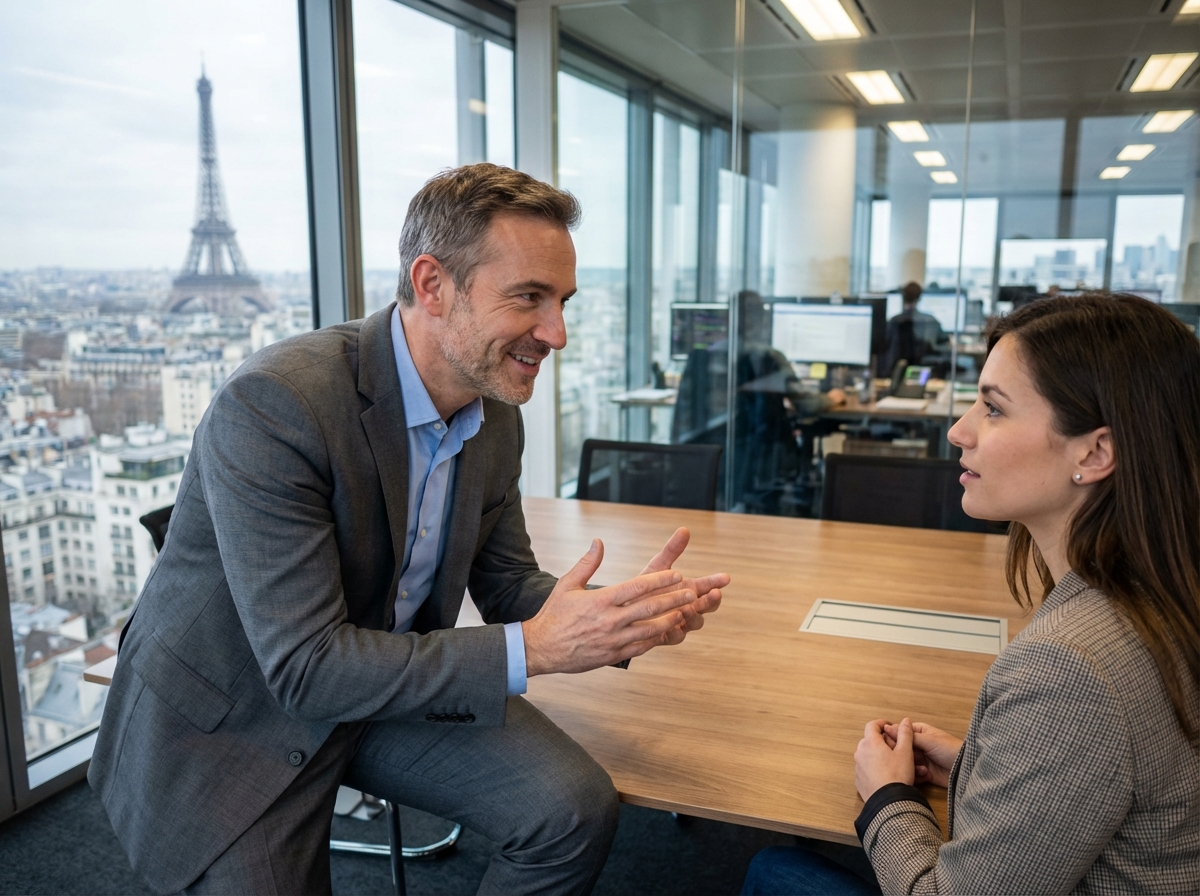 Expert comptable en discussion avec un client dans un bureau parisien