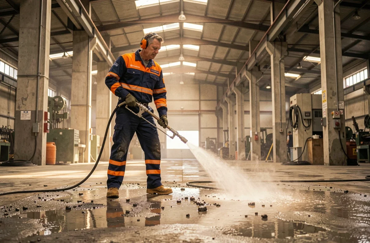 Fabien Gouze en uniforme industriel utilisant un nettoyeur haute pression sur le sol d'une usine du Nord