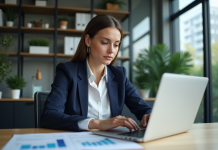 Femme d'affaires analysant des données sur son ordinateur