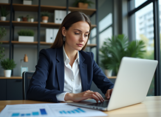 Calculer le nombre idéal de leads pour votre entreprise : astuces et méthodes efficaces Femme d'affaires analysant des données sur son ordinateur