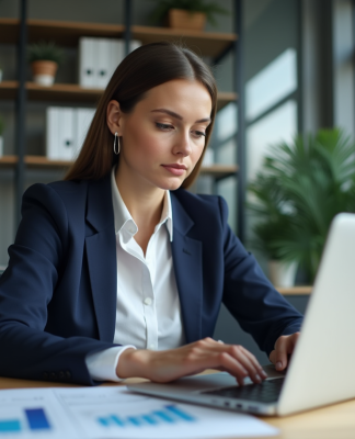 Femme d'affaires analysant des données sur son ordinateur