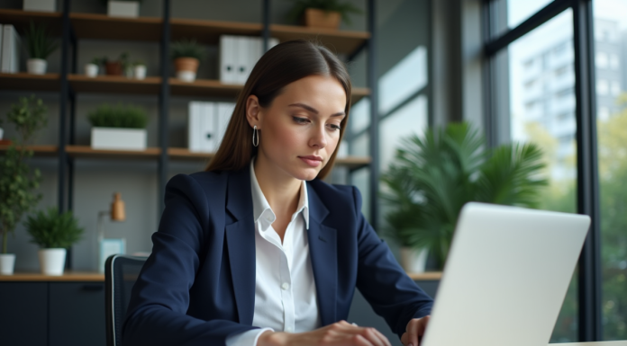 Femme d'affaires analysant des données sur son ordinateur