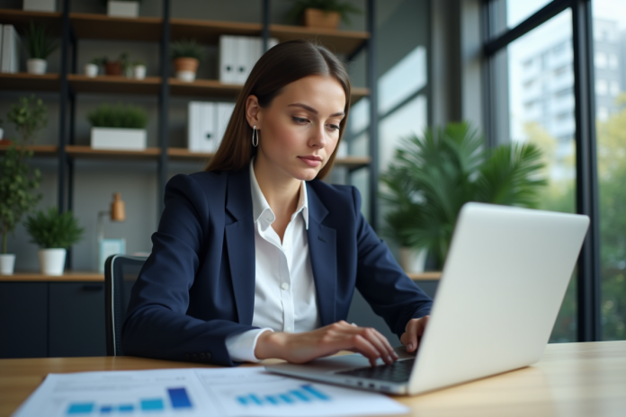 femme-affaires-analysant-donnees Femme d'affaires analysant des données sur son ordinateur