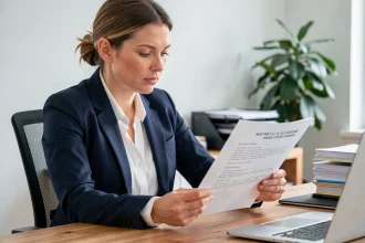 Femme d'affaires analysant un extrait Kbis dans un bureau professionnel moderne