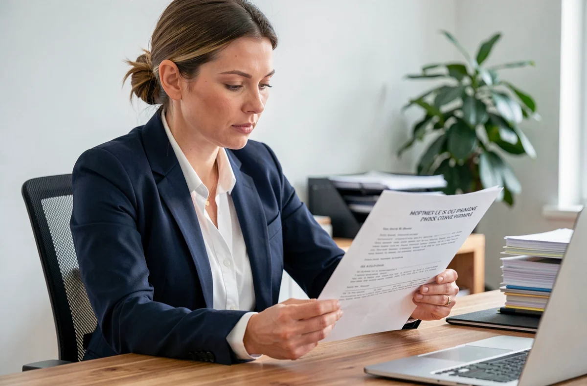 Femme d'affaires analysant un extrait Kbis dans un bureau professionnel moderne