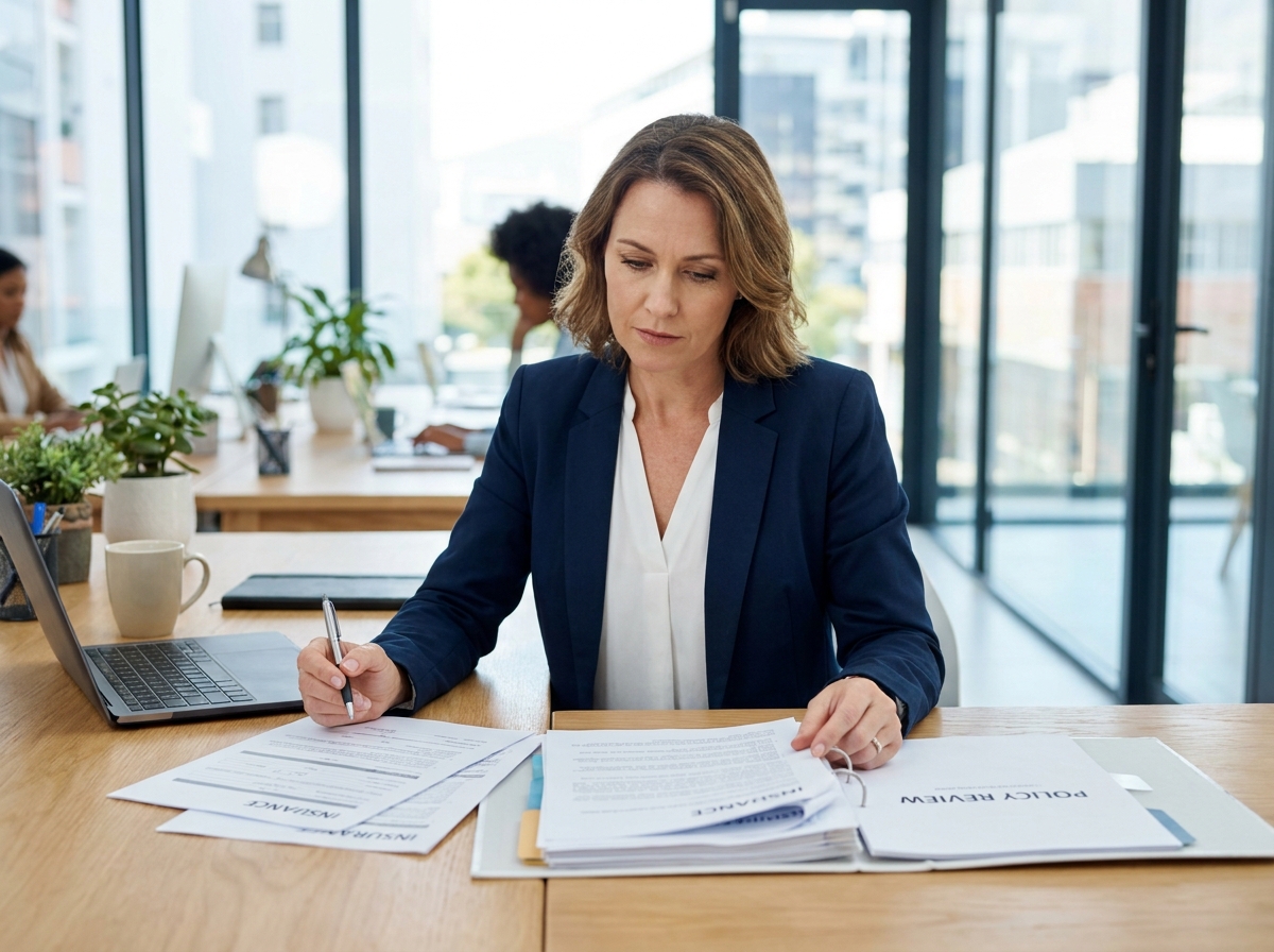 Femme d'affaires en blazer marine révisant des documents d'assurance professionnelle dans un bureau moderne