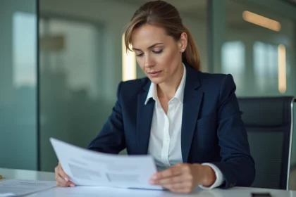 Femme d'affaires examine des documents dans un bureau