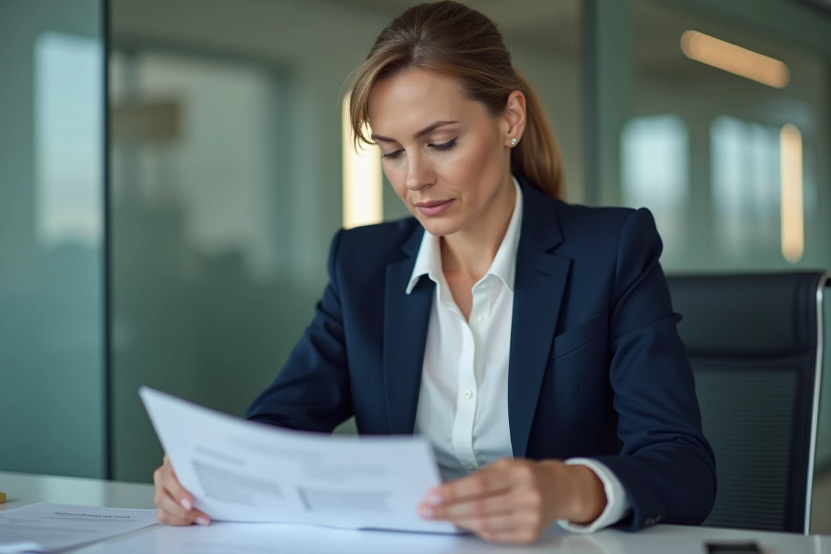 Femme d'affaires examine des documents dans un bureau