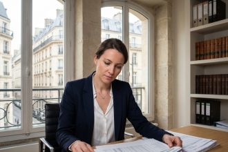 Femme d'affaires en costume à Paris dans un bureau moderne