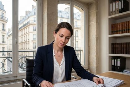 Femme d'affaires en costume &agrave; Paris dans un bureau moderne
