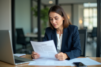 Femme d'affaires en train de vérifier ses reçus de voyage