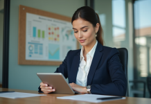 Stratégie marketing : Quelles sont les 3 étapes clés à suivre ? Femme d'affaires en bureau moderne avec tablette