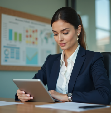 Stratégie marketing : Quelles sont les 3 étapes clés à suivre ? Femme d'affaires en bureau moderne avec tablette