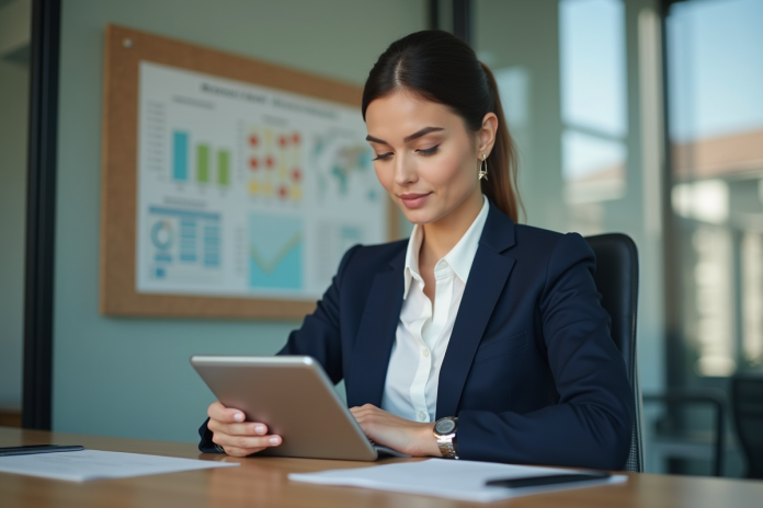 femme-affaires-tablette-bureau Femme d'affaires en bureau moderne avec tablette
