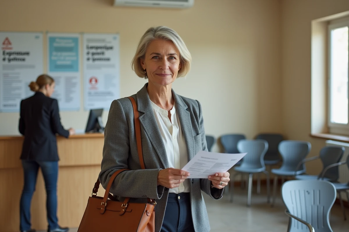 Femme déposant un formulaire auprès d'un conseiller Pôle emploi dans une agence pour l'emploi