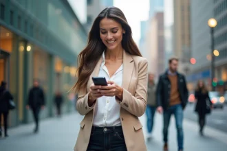 Femme utilisant une application mobile de gestion d'agenda sur smartphone en déplacement en ville