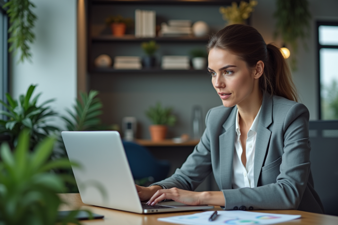 femme-analyse-charts-marketing Femme analysant des graphiques marketing colorés au bureau