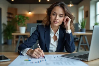 Femme professionnelle analysant un document stratégique dans un bureau moderne, illustrant la réflexion avant un investissement de temps