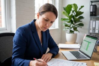 Femme d'affaires analysant un tableau de trésorerie imprimé dans un bureau moderne pour anticiper un découvert bancaire