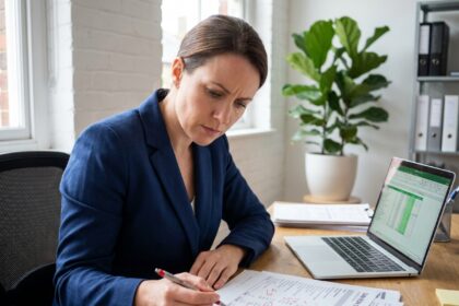 Femme d'affaires analysant un tableau de trésorerie imprimé dans un bureau moderne pour anticiper un découvert bancaire