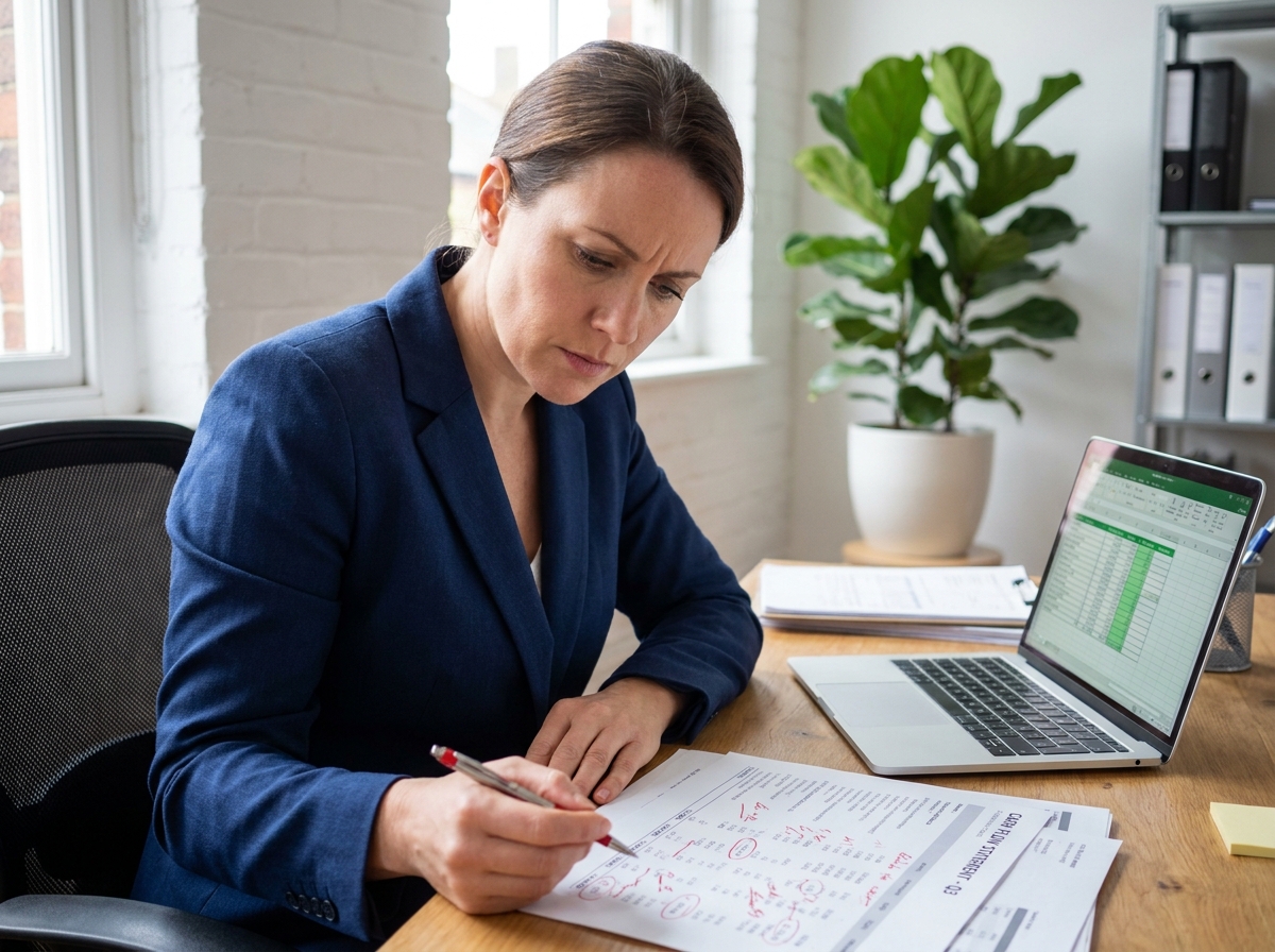 Femme d'affaires analysant un tableau de trésorerie imprimé dans un bureau moderne pour anticiper un découvert bancaire