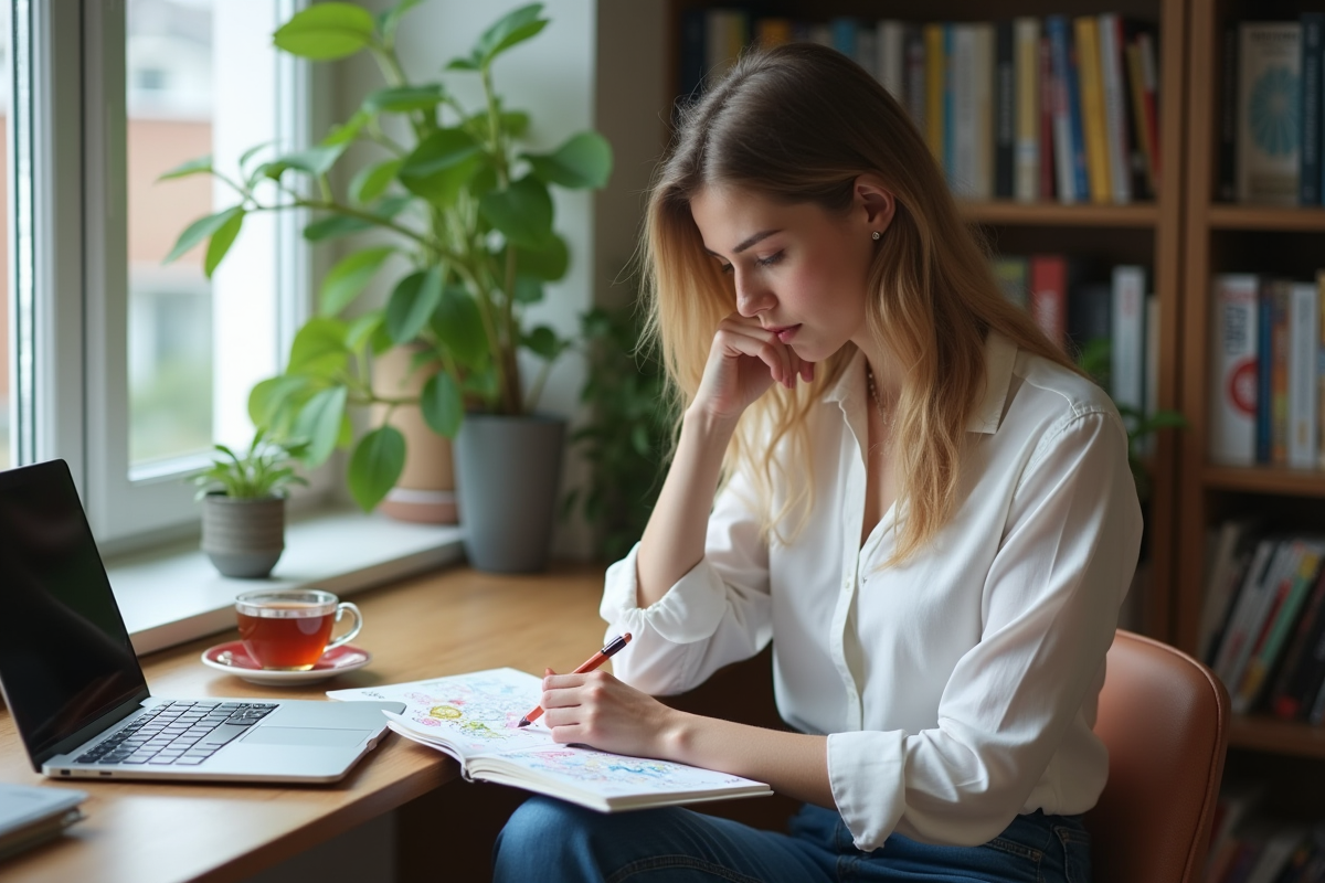 Jeune femme dans un bureau à domicile avec carnet et tasse de thé