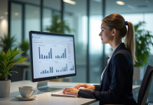 Femme professionnelle analysant des graphiques de performance en bureau