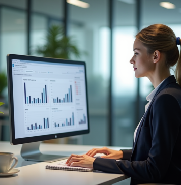 Femme professionnelle analysant des graphiques de performance en bureau