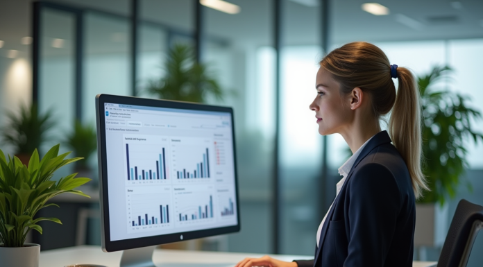 Femme professionnelle analysant des graphiques de performance en bureau