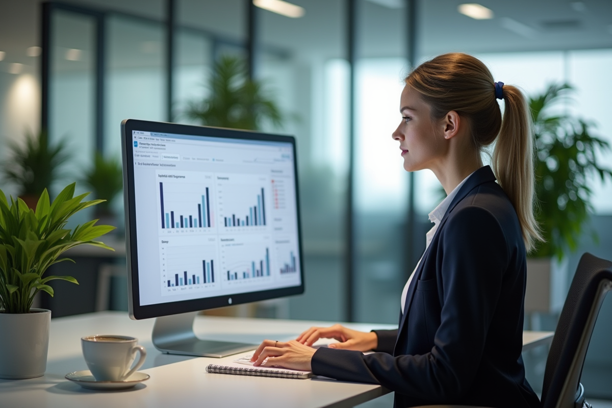 Femme professionnelle analysant des graphiques de performance en bureau