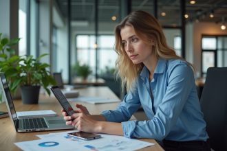 Jeune femme au bureau analysant des données numériques