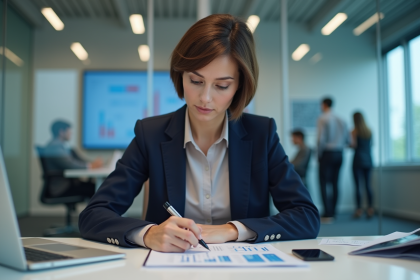 Femme d'affaires concentrée sur son ordinateur dans un bureau moderne