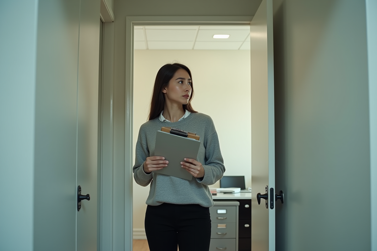Jeune femme avec un classeur dans un petit bureau sans fenêtre