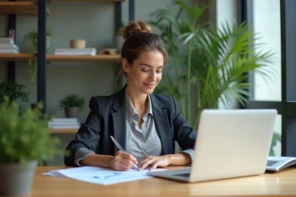 Femme d'affaires concentrée dans un espace coworking moderne