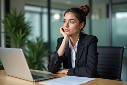 Jeune femme en bureau avec documents et ordinateur